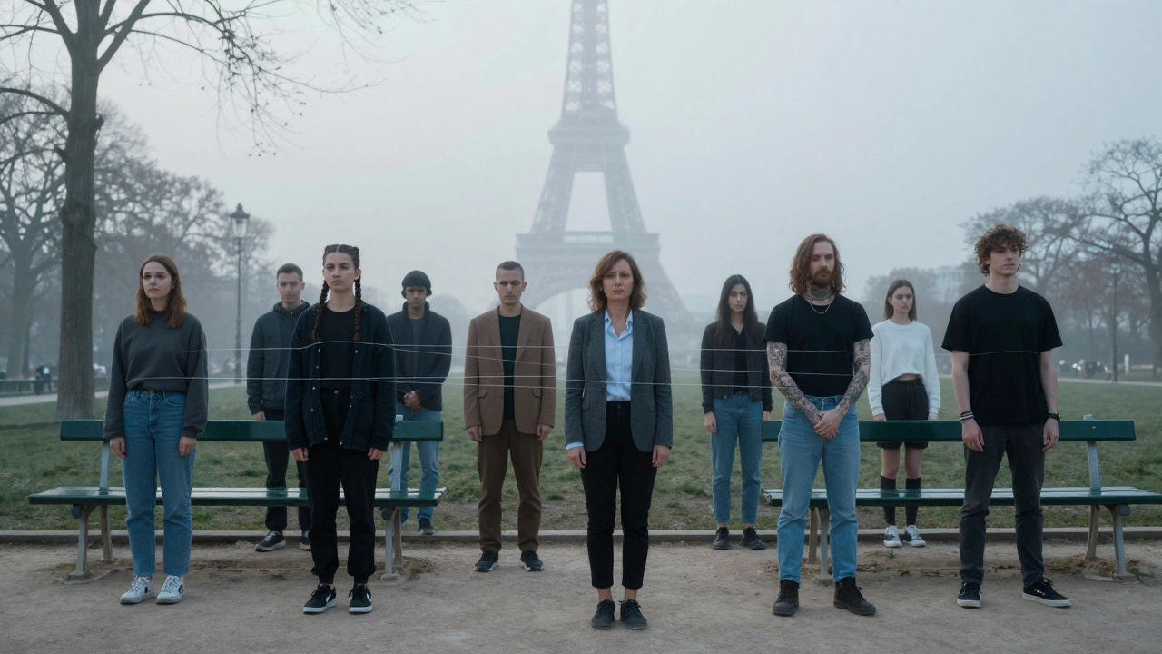 Diverse individuals stand alone in a foggy Paris park at dawn, each carrying unseen stories.