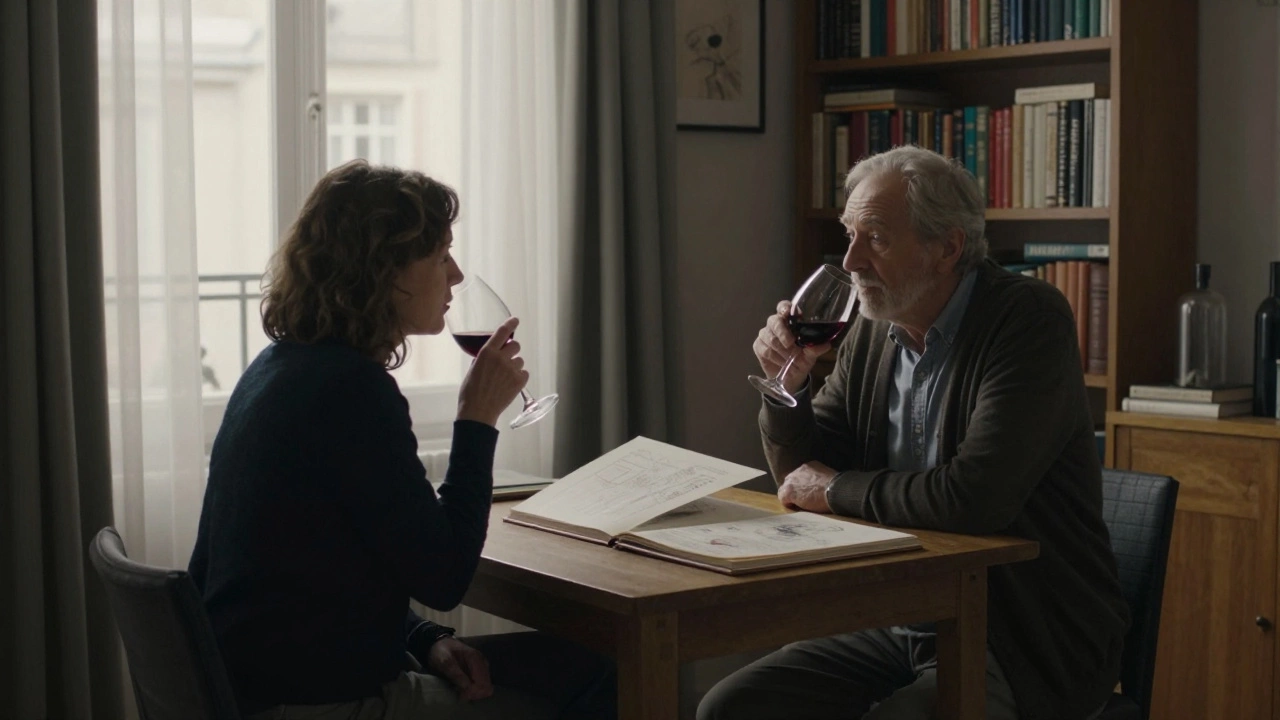 Two people sit quietly over wine in a Paris apartment, discussing art with mutual respect.
